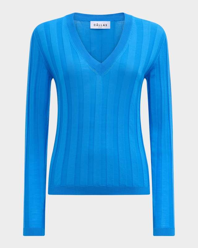 Rione Ribbed V-Neck Wool Sweater